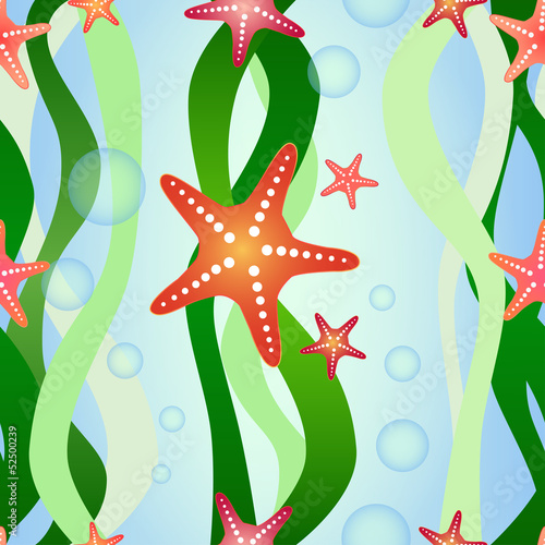 Vector seamless pattern with seaweed and starfish
