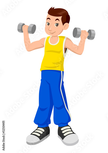 Cartoon illustration of a boy exercising using dumbbells © rudall30