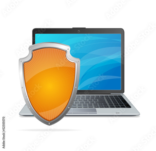 Security concept. Shield antivirus and laptop