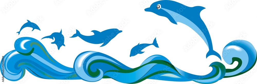 Obraz premium Прыгающие над волнами дельфины в море