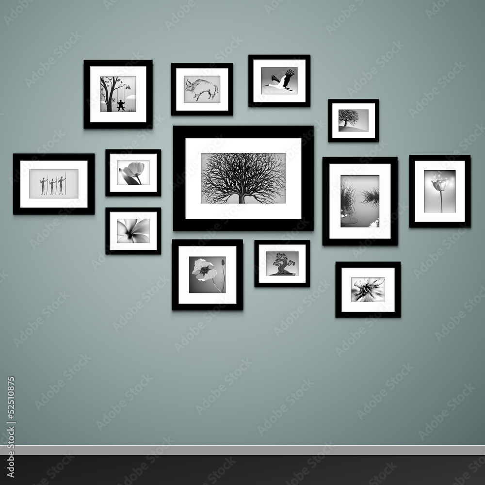 Picture frame vector. Vintage photo frames on wall - obrazy, fototapety, plakaty 
