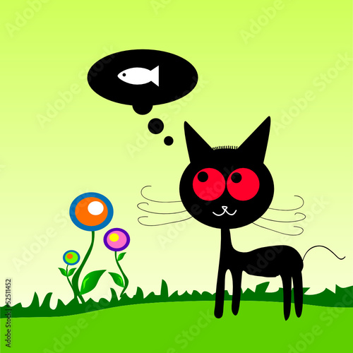 cat dreem fish on the meadow vector illustration