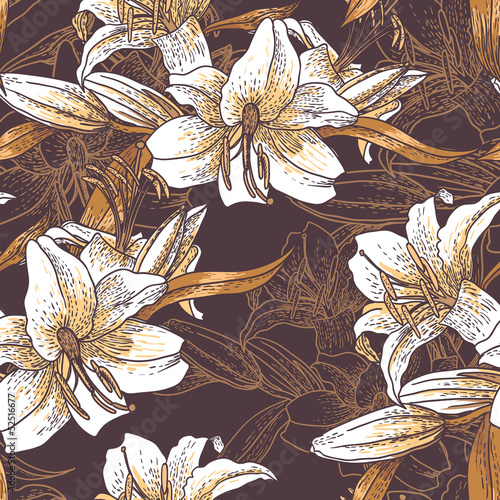Fototapeta Naklejka Na Ścianę i Meble -  Seamless background with lilies in vintage style
