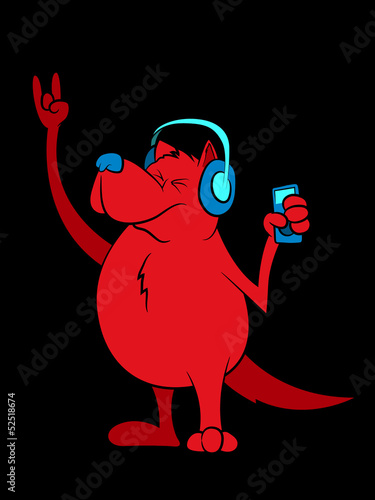Illustration of a red dog dancing with his mp3 player