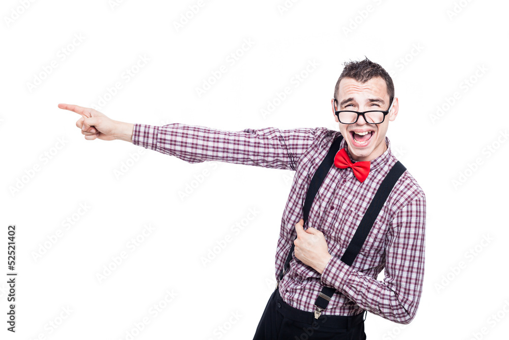 Excited nerd man pointing