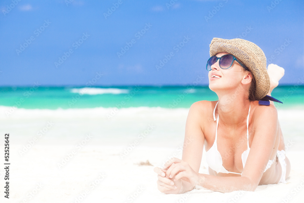 beautiful girl in white bikini on tropical mexican beach beautiful girl in white bikini on tropical mexican beach