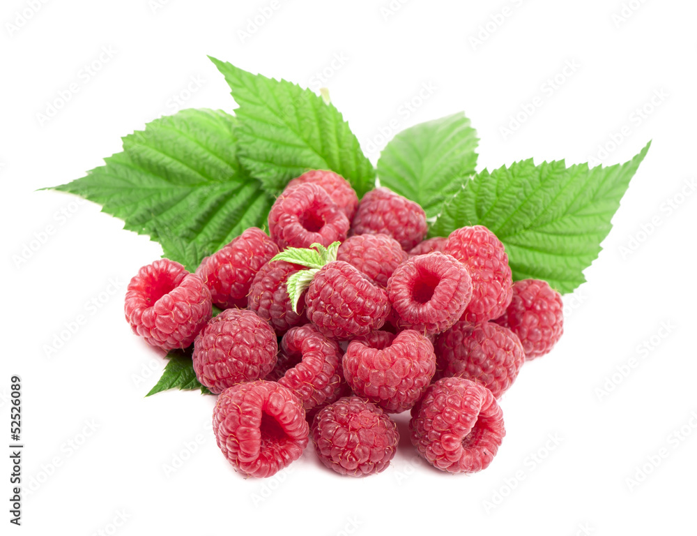Ripe raspberry with green leaf on white background Ripe raspberry with green leaf on white background