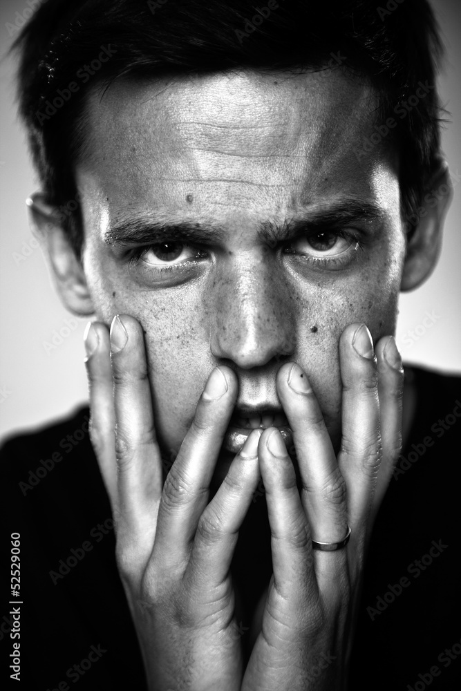 Young man portrait close up. Black and white Young man portrait close up. Black and white