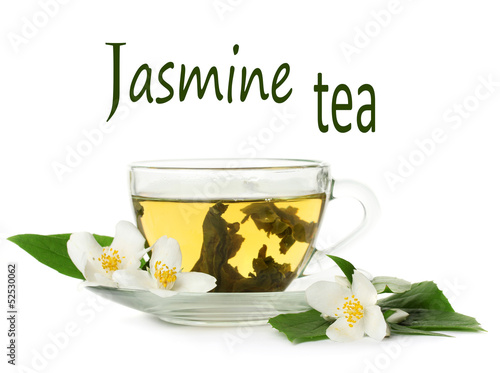 Fototapeta Naklejka Na Ścianę i Meble -  Cup of green tea with jasmine flowers isolated on white