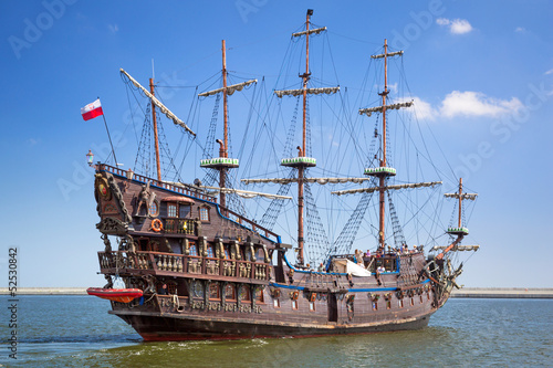 Pirate galleon ship on the water of Baltic Sea in Gdynia, Poland