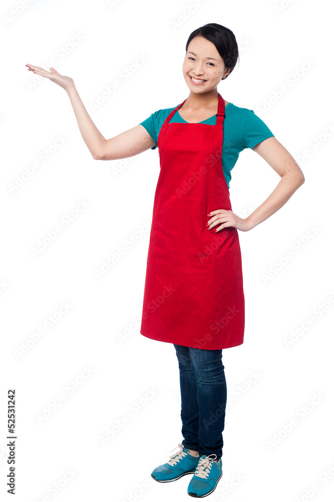 Female chef promoting bakery product Female chef promoting bakery product