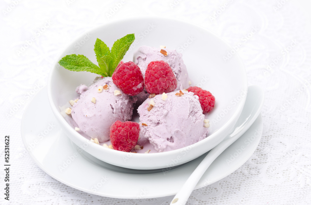 ice cream with fresh raspberries in a bowl horizontal ice cream with fresh raspberries in a bowl horizontal