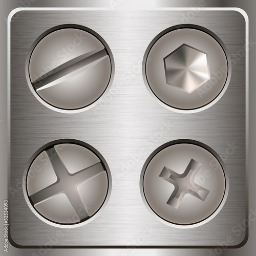Set of screws and bolts on metal background.