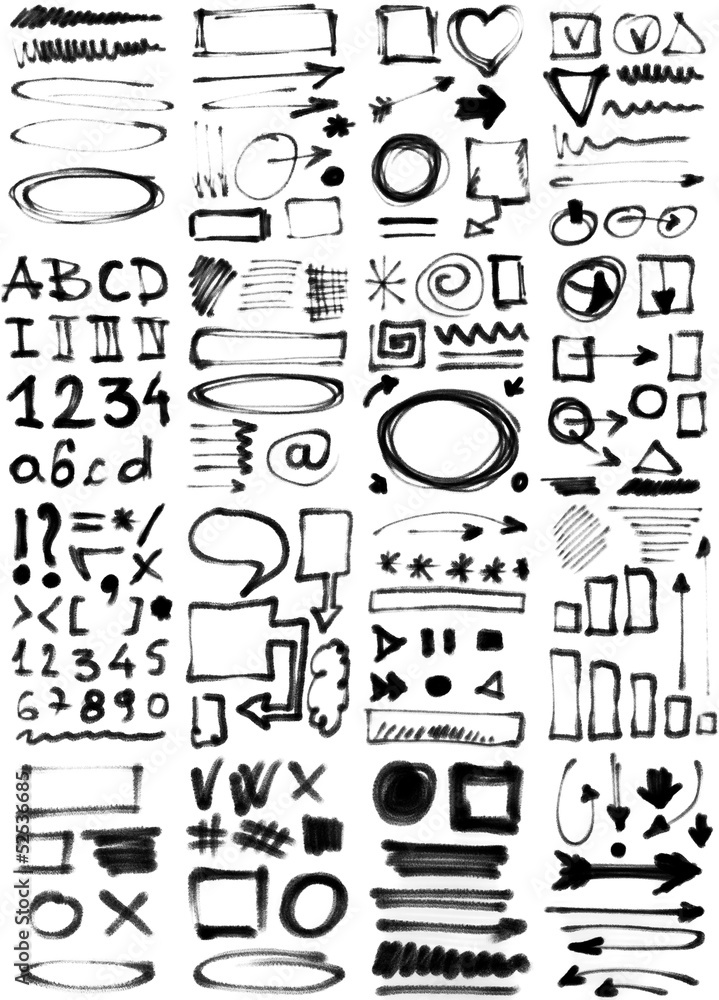 Hand drawing textures of brush strokes isolated on white Hand drawing textures of brush strokes isolated on white