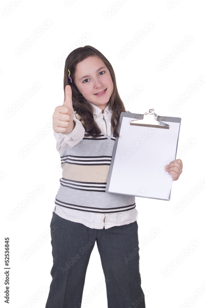 Girl with notepad showing OK sign Girl with notepad showing OK sign
