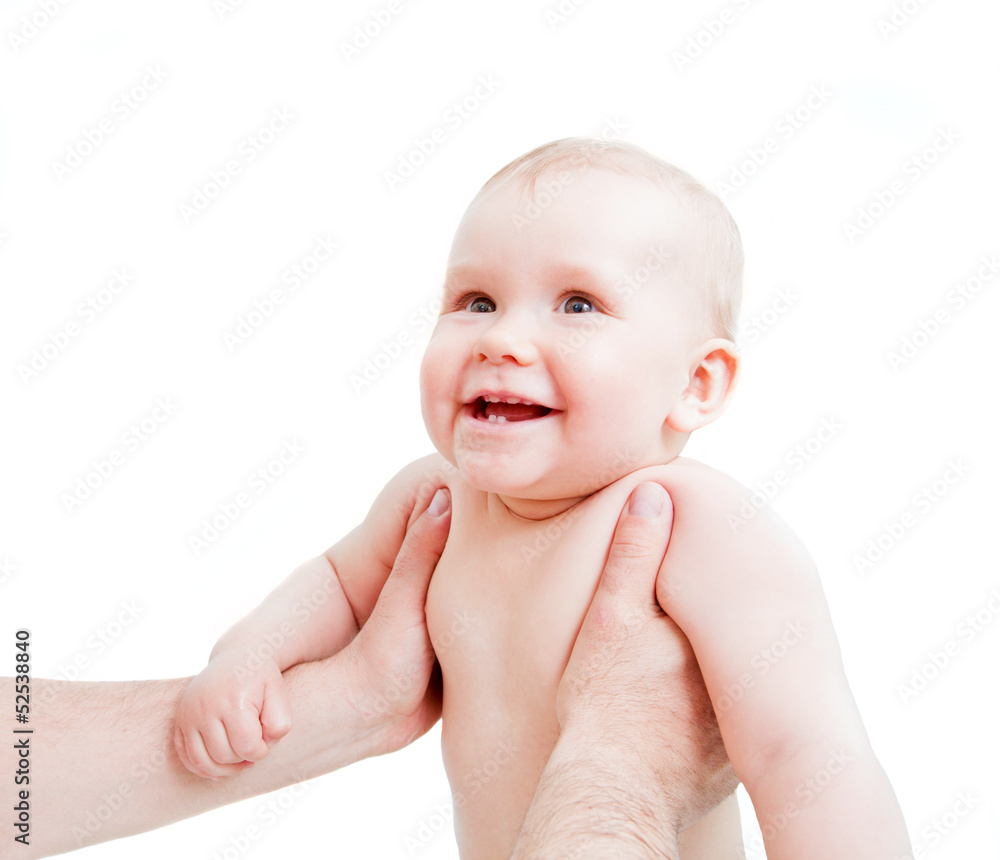 Cute happy baby laughing, held by his father Cute happy baby laughing, held by his father