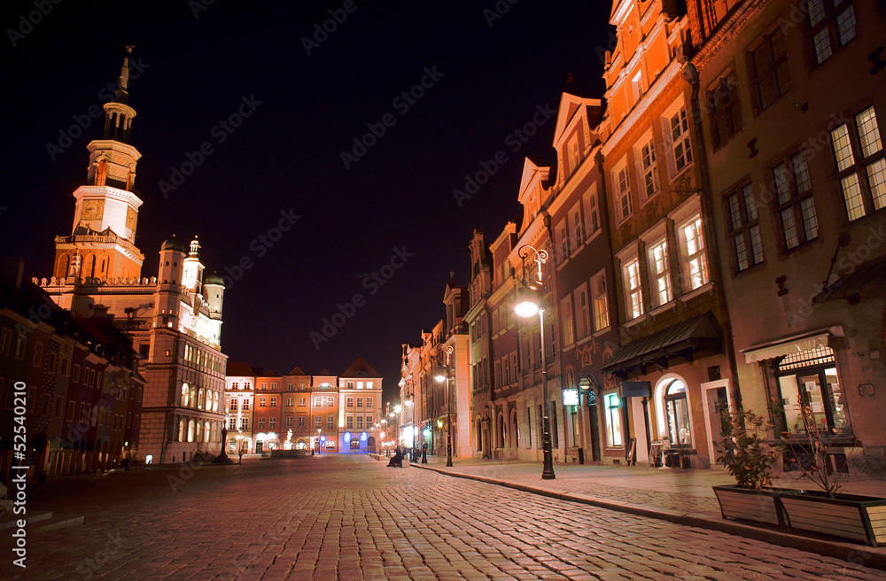 Old Market at night in Poznan, Poland