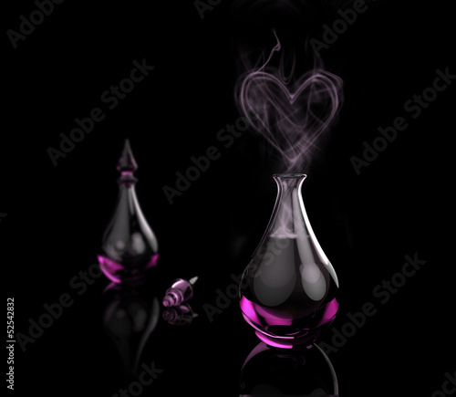 Love potion. Perfume bottle with heart vapor