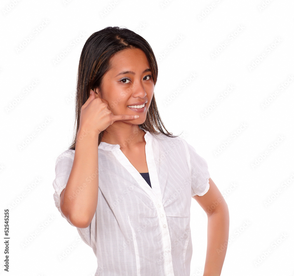 Asiatic young woman looking at you saying call me Asiatic young woman looking at you saying call me