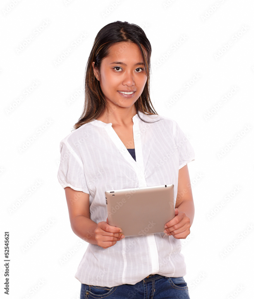 Charming asiatic young woman using her tablet pc Charming asiatic young woman using her tablet pc