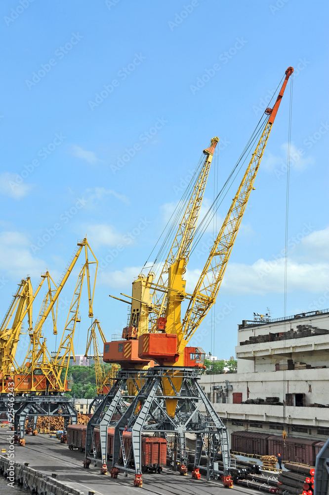 Cargo crane and freight traine in port Cargo crane and freight traine in port