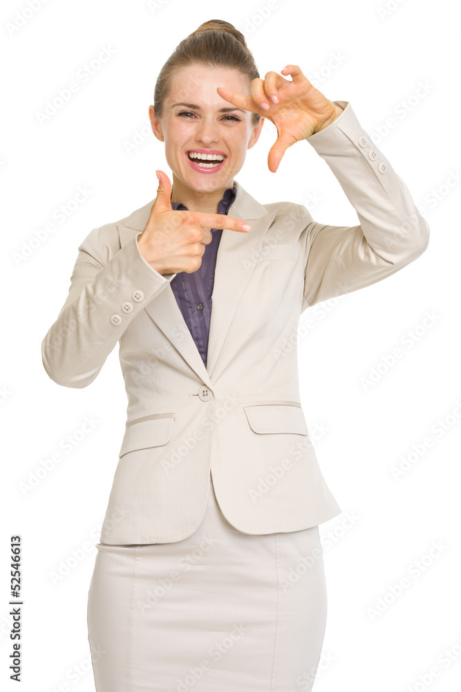 Happy business woman framing with hands Happy business woman framing with hands