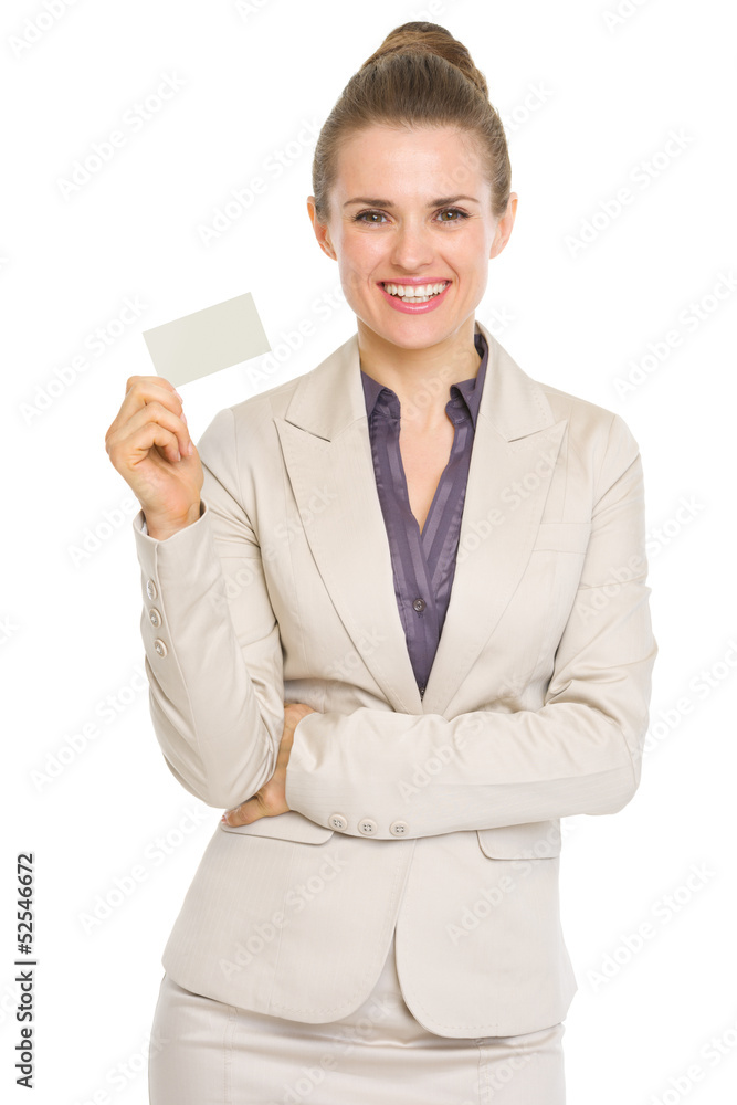 Smiling business woman showing business card Smiling business woman showing business card