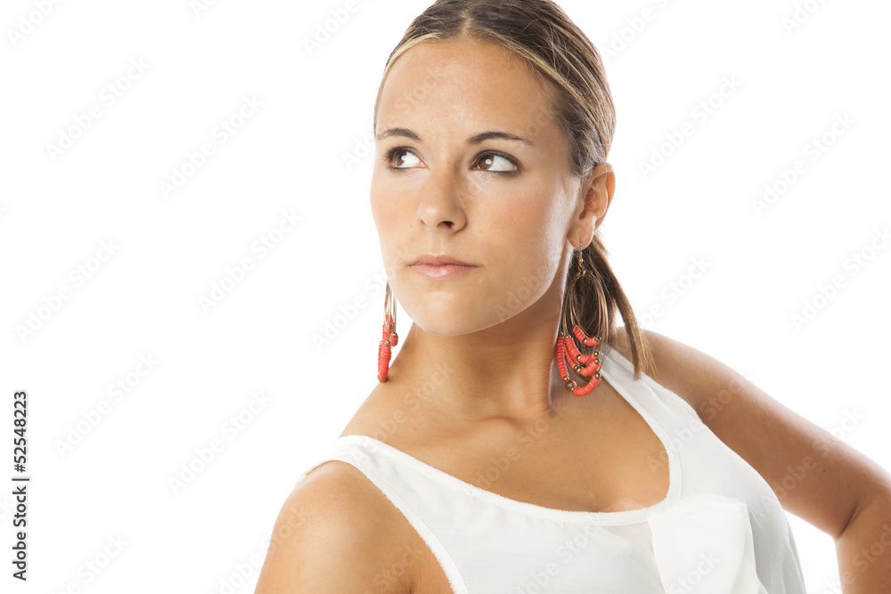 real young beautiful woman looking one side real young beautiful woman looking one side