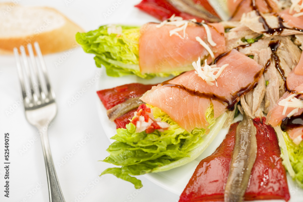 smoked salmon, anchovies, pepper and tuna spanish salad smoked salmon, anchovies, pepper and tuna spanish salad