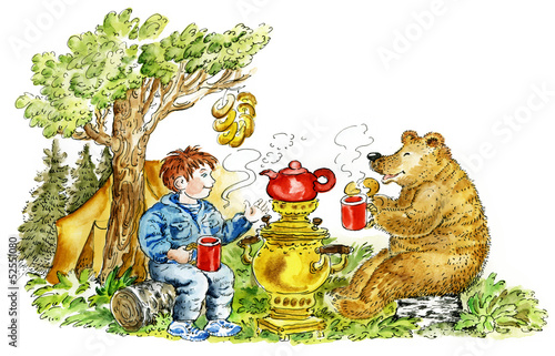 Cute boy and bear drinking tea in forest