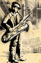 Handdoek met foto Muziekband sax player (full sized hand drawing - original)  © kuco