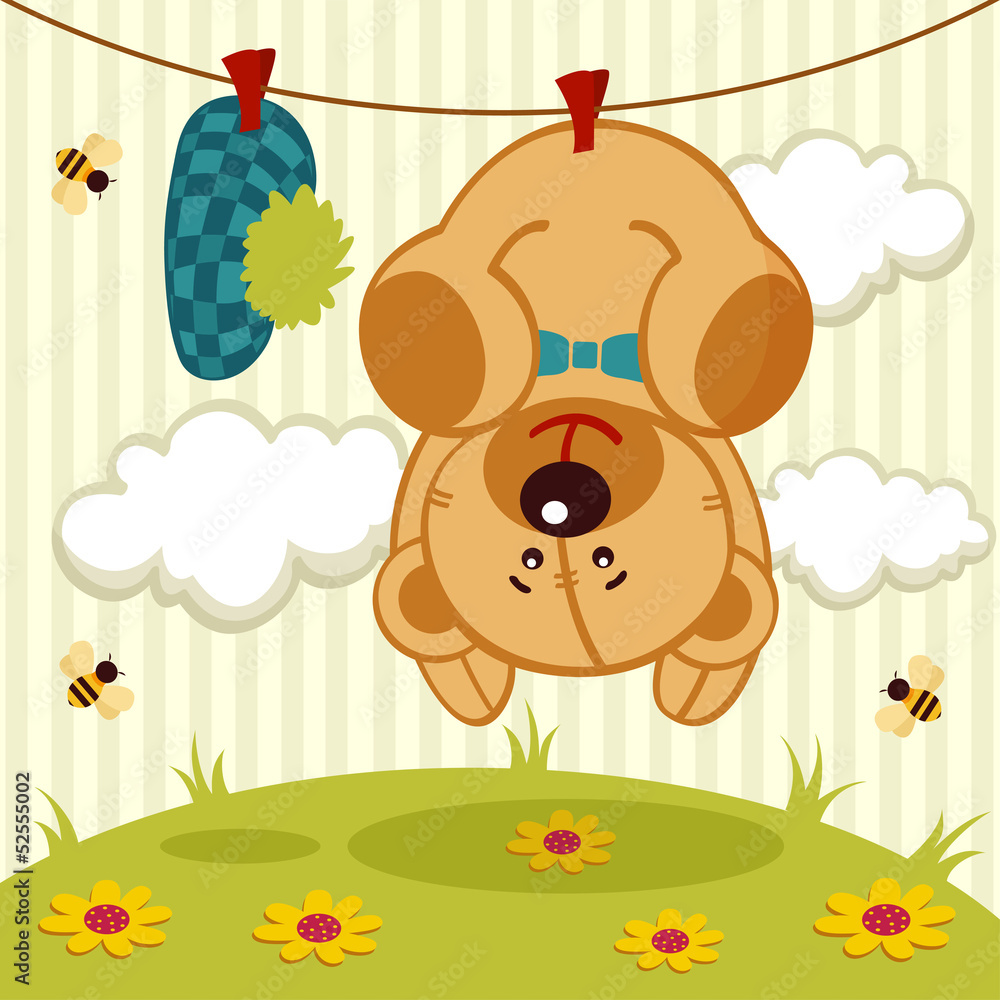 Fototapeta premium Cute Teddy bear after washing hanging on a rope