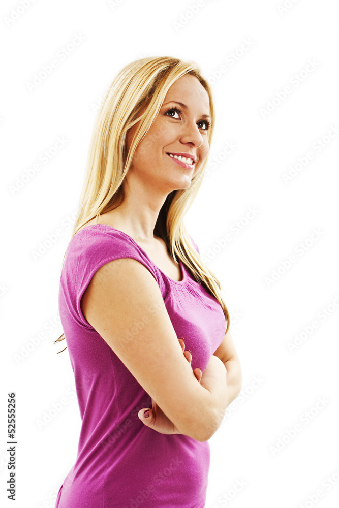 Beautiful thoughtful woman looking up on white background Beautiful thoughtful woman looking up on white background