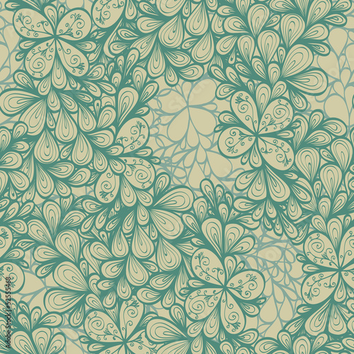 Seamless vintage monochrome hand drawn pattern with green plants