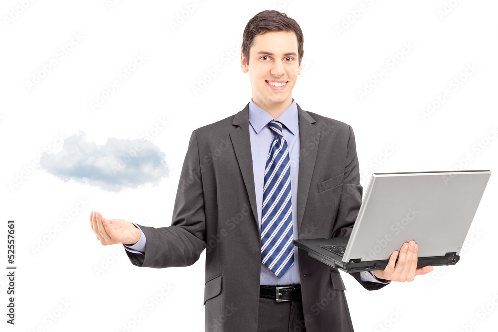 Man symbolizing cloud computing, isolated on white Man symbolizing cloud computing, isolated on white