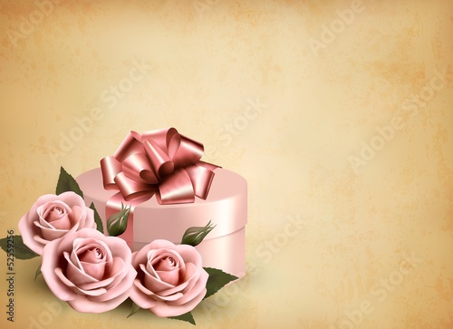 Holiday retro background with pink roses and gift box. Vector il