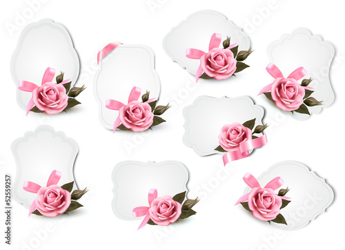 Collection of holiday greeting cards with pink roses. Vector
