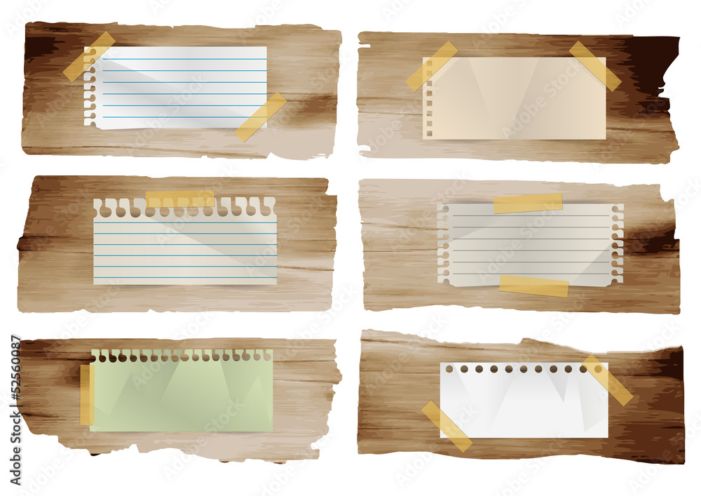 Collection of various note papers stick on wood planks Collection of various note papers stick on wood planks