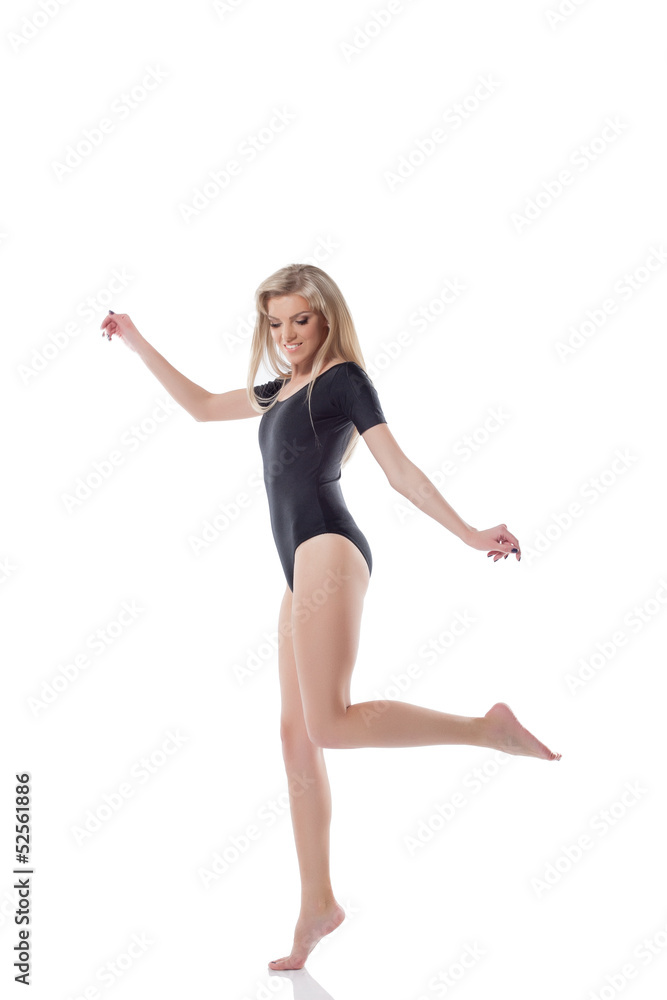 Funny slender blonde jumping in studio Funny slender blonde jumping in studio