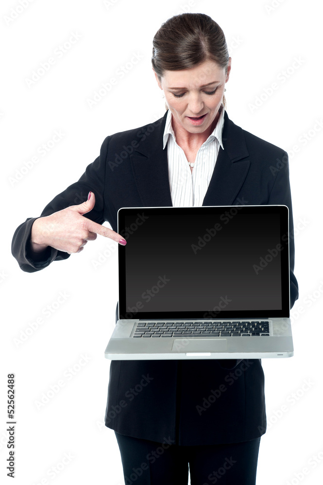 Saleswoman pointing at screen of new laptop Saleswoman pointing at screen of new laptop