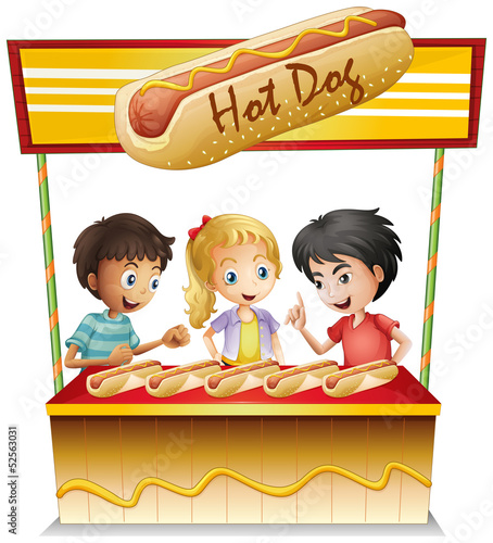 Three kids in a hotdog stand