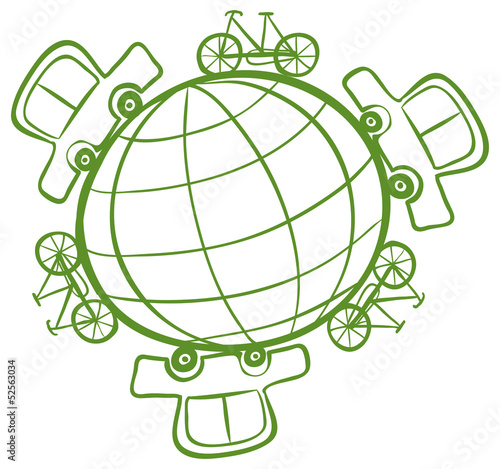 A globe surrounded by bikes and cars
