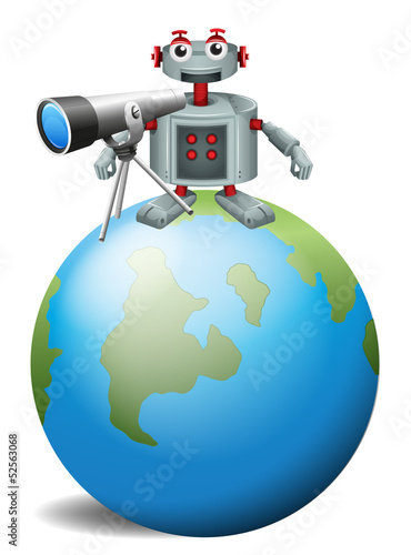A robot with a telescope.above the planet earth