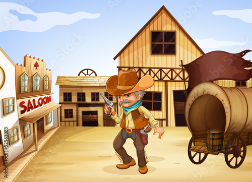 A man holding a gun with a wooden carriage at the back