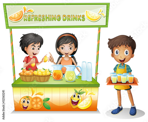 Three kids selling refreshing drinks