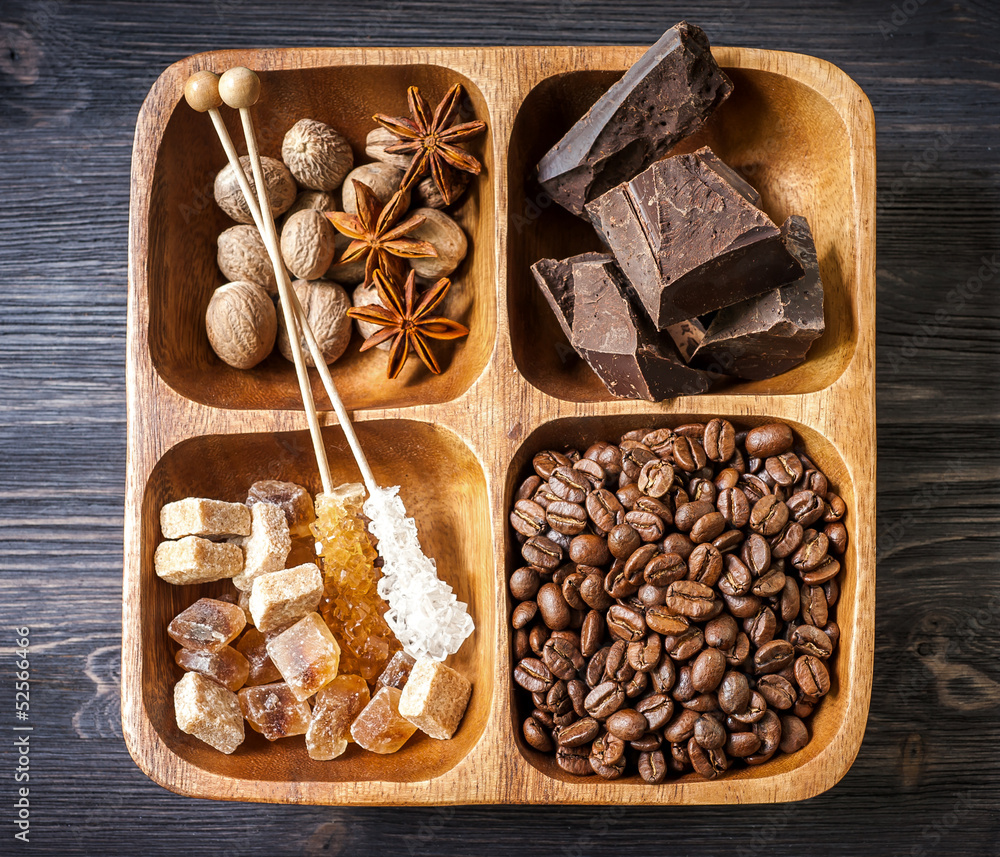 Fototapeta premium Chocolate, coffee beans and assorted spices