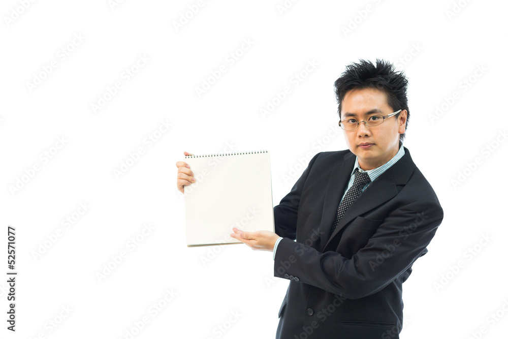 Businessman holding blank book Businessman holding blank book