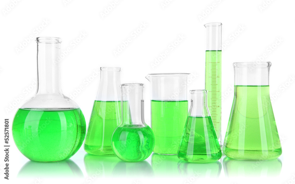 Test-tubes with green liquid isolated on white Test-tubes with green liquid isolated on white