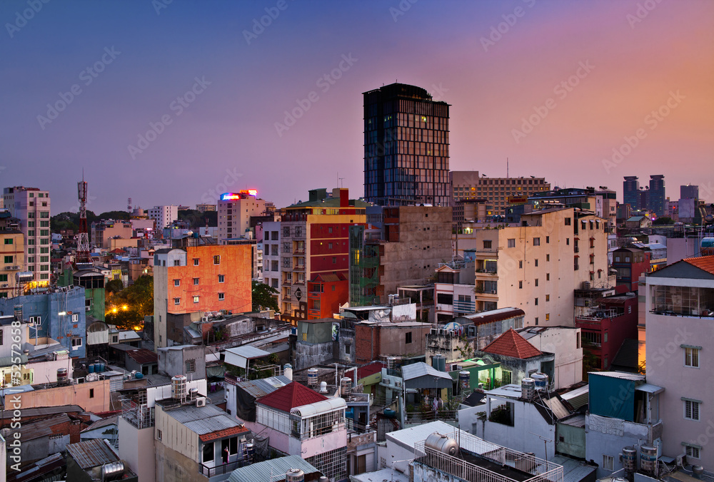 Night Urban City Skyline, Ho Chi Minh City, Vietnam.