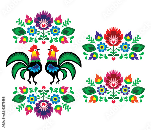 Polish ethnic floral embroidery with roosters traditional #52573484
